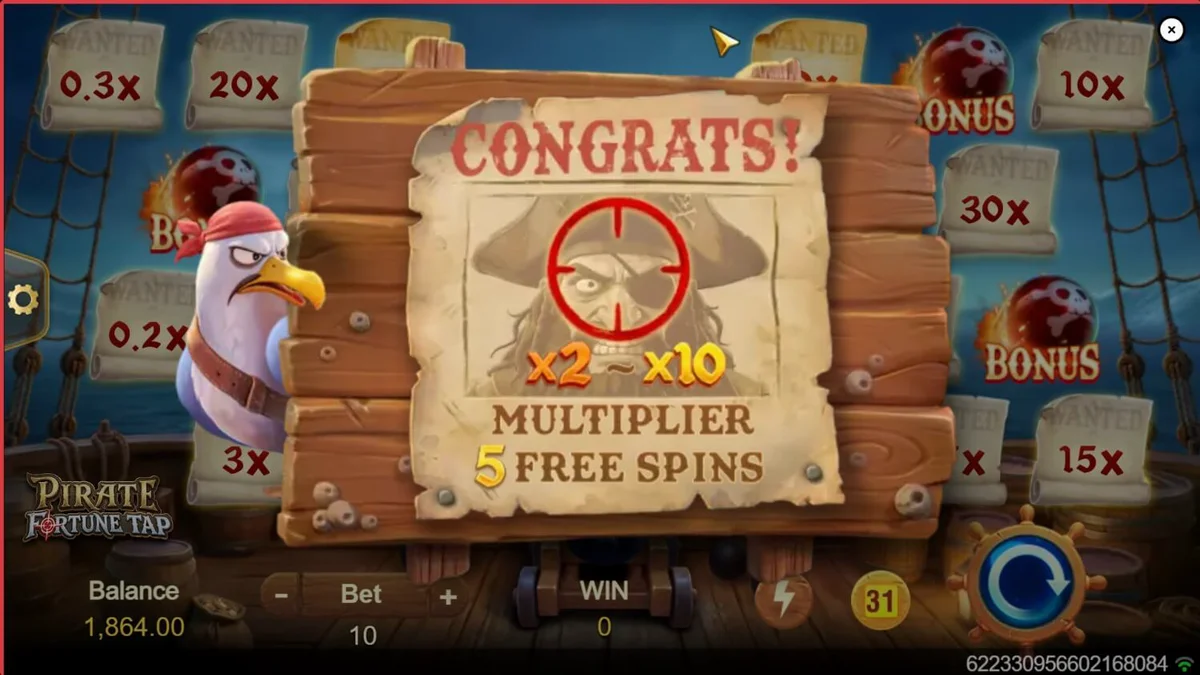 Tampilan layar permainan Pirate Fortune Tap dengan meriam dan target harta karun