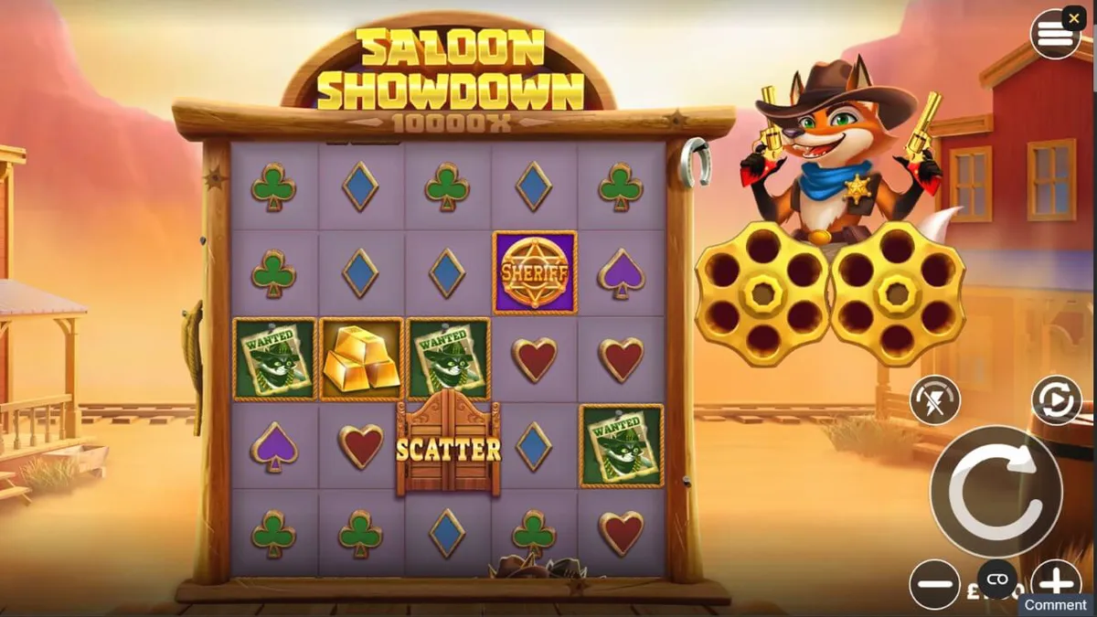 Tampilan visual slot Saloon Showdown 10,000x dengan tema koboi kartun dan sheriff rubah.